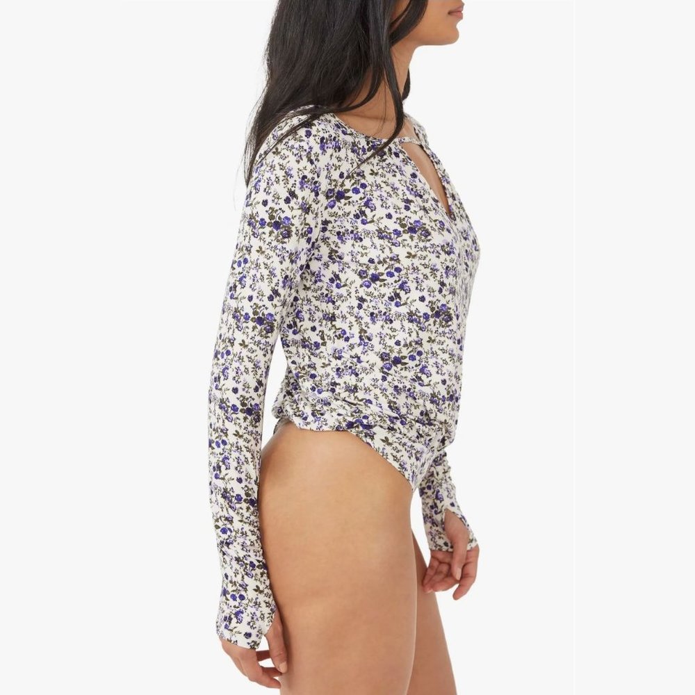 Free People Kaya Ivory & Purple Floral Print Cutout Bodysuit XS - Picture 5 of 6